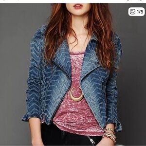 Free People Blue Patterned denim moto biker Jacket 4